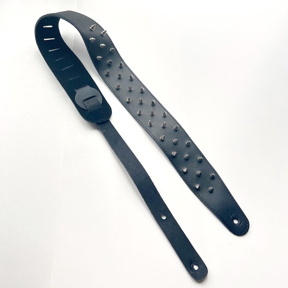 Black Leather Guitar Strap Silver Spikes Studs Punk Rock Adjustable